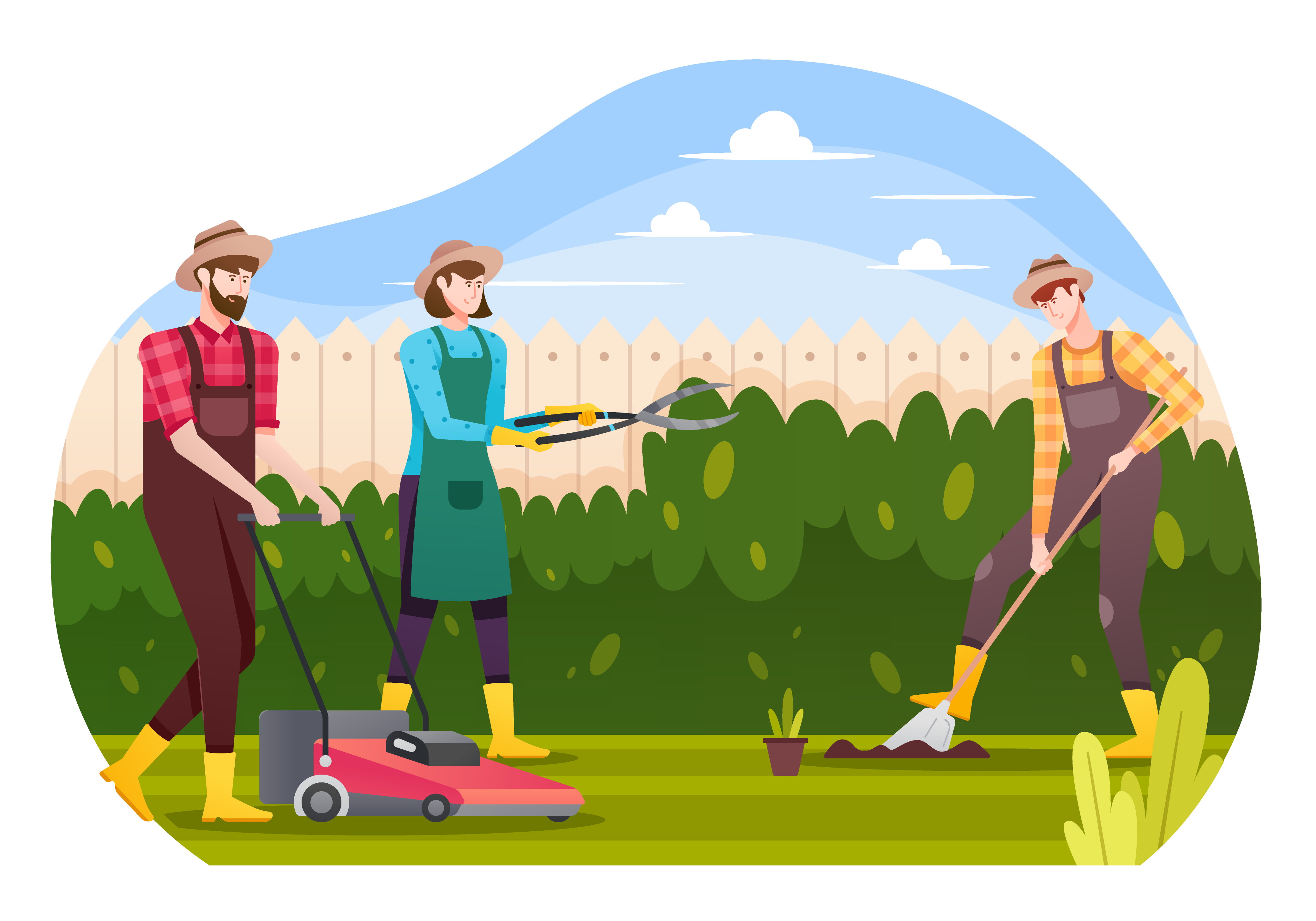 Illustration of a landscaper mowing a lawn